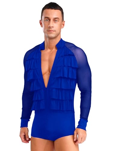 Fldy Herren Latein Tanz Hemd Langarm Rüschen Mesh Patchwork Body Einteiler Jazz Ballsaal Tanzkostüm Leotard Blau XL von Fldy