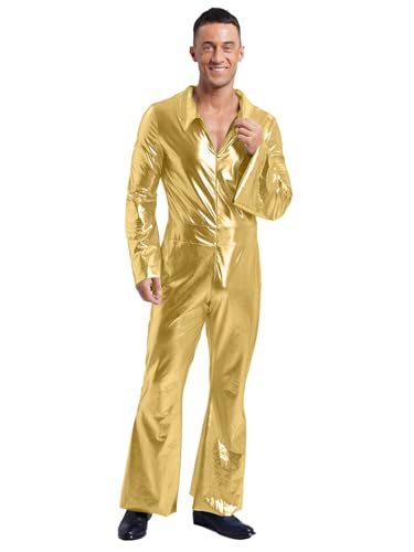 Fldy Herren Metallic Jumpsuit Glitzer 70er 80er Jahre Disco Outfit Overall Mit Ausgestellte Beine Festival Party Fasching Kostüm Clubwear Gold S von Fldy