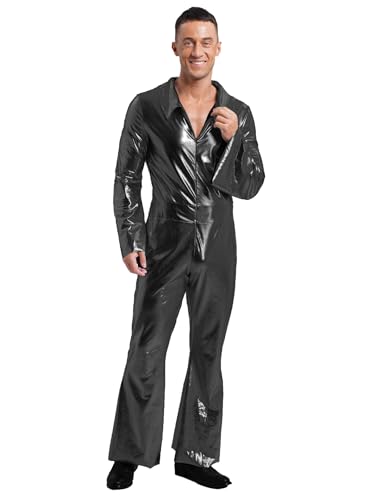 Fldy Herren Metallic Jumpsuit Glitzer 70er 80er Jahre Disco Outfit Overall Mit Ausgestellte Beine Festival Party Fasching Kostüm Clubwear Schwarz XXL von Fldy