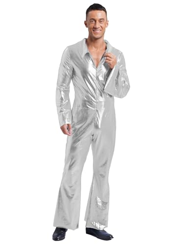 Fldy Herren Metallic Jumpsuit Glitzer 70er 80er Jahre Disco Outfit Overall Mit Ausgestellte Beine Festival Party Fasching Kostüm Clubwear Silber L von Fldy