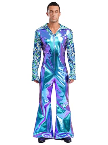 Fldy Herren Metallic Jumpsuit Glitzer 70er 80er Jahre Hippie Disco Outfit Overall Mit Schlag Festival Party Fasching Clubwear A_Blau XXL von Fldy