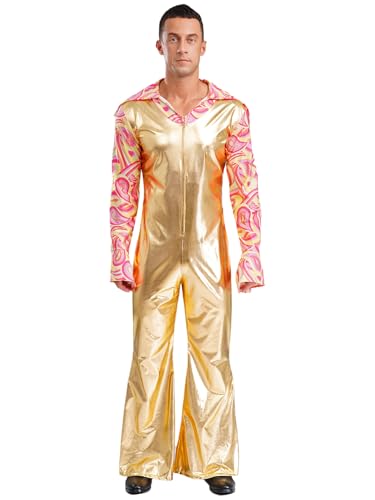 Fldy Herren Metallic Jumpsuit Glitzer 70er 80er Jahre Hippie Disco Outfit Overall Mit Schlag Festival Party Fasching Clubwear A_Gold XXL von Fldy