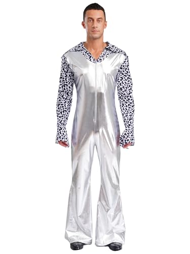 Fldy Herren Metallic Jumpsuit Glitzer 70er 80er Jahre Hippie Disco Outfit Overall Mit Schlag Festival Party Fasching Clubwear A_Silber XXL von Fldy