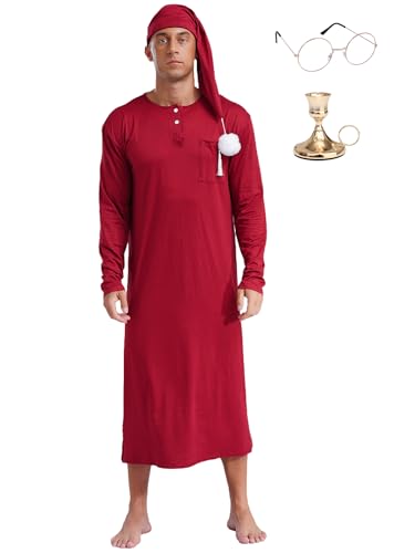 Fldy Herren Nachthemd Mit Schlafmütze Und Brille Und Kerzenhalter 4-teiliges Set Herrenkostüm Pyjama Party Fasching Muslim Schlafanzug Burgundy L von Fldy