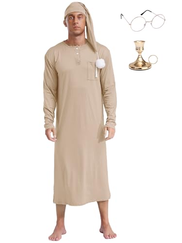 Fldy Herren Nachthemd Mit Schlafmütze Und Brille Und Kerzenhalter 4-teiliges Set Herrenkostüm Pyjama Party Fasching Muslim Schlafanzug Champagne L von Fldy