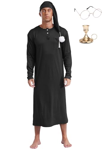 Fldy Herren Nachthemd Mit Schlafmütze Und Brille Und Kerzenhalter 4-teiliges Set Herrenkostüm Pyjama Party Fasching Muslim Schlafanzug Schwarz M von Fldy