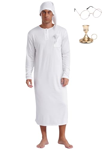 Fldy Herren Nachthemd Mit Schlafmütze Und Brille Und Kerzenhalter 4-teiliges Set Herrenkostüm Pyjama Party Fasching Muslim Schlafanzug Weiß L von Fldy