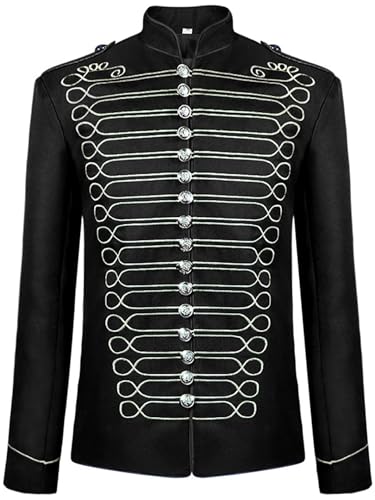 Fldy Herren Parade Jacke Militair Steampunk Emo Punk Rock Gothic Mantel Marschkapellen Schlagzeuger Uniform Jacke Musikfestivalparade Outfit Schwarz&Silber S von Fldy