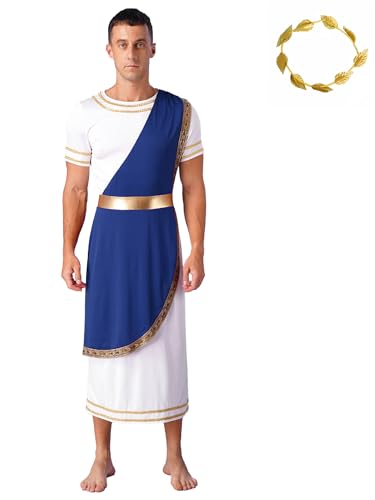 Fldy Herren Römische Griechische Götte Kostüme Toga Tunika Gold Lorbeerkranz Kopfschmuck Set Männer Halloween Faschingskostüm Blau 3XL von Fldy