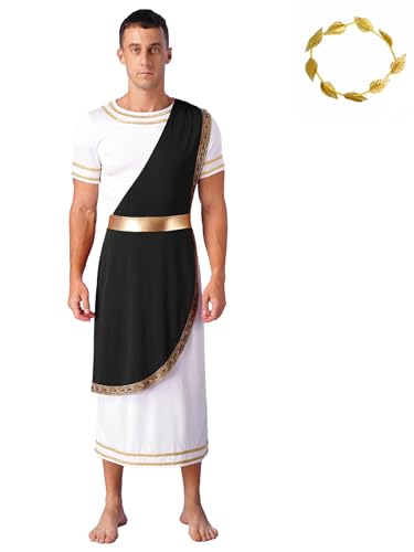 Fldy Herren Römische Griechische Götte Kostüme Toga Tunika Gold Lorbeerkranz Kopfschmuck Set Männer Halloween Faschingskostüm Schwarz 3XL von Fldy