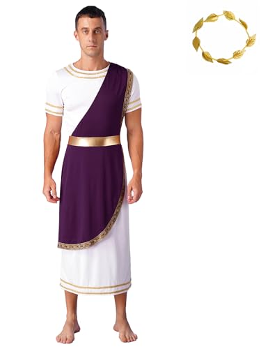 Fldy Herren Römische Griechische Götte Kostüme Toga Tunika Gold Lorbeerkranz Kopfschmuck Set Männer Halloween Faschingskostüm Violett L von Fldy