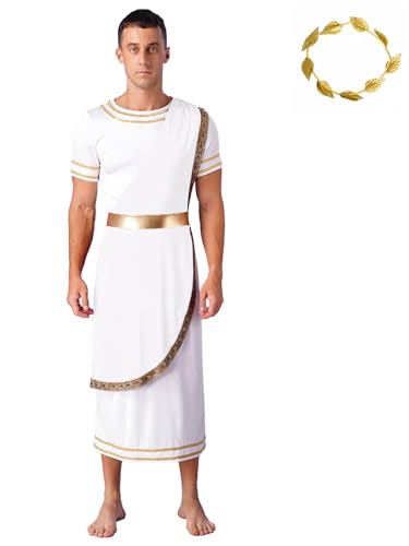 Fldy Herren Römische Griechische Götte Kostüme Toga Tunika Gold Lorbeerkranz Kopfschmuck Set Männer Halloween Faschingskostüm Weiß XXL von Fldy