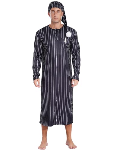 Fldy Herren Schlafanzug Mit Schlafmütze Gestreifte Nachthemd Langarm Mit Knopfleiste Lang Und Pompom Schlafhaube Herren Nachtwäsche Set Schwarz L von Fldy