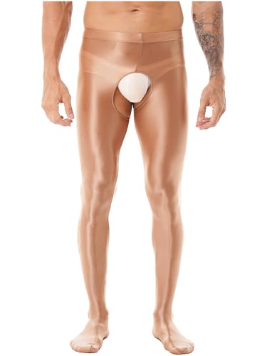 Fldy Herren Strumpfhosen Mit Offenem Schritt Öl-Glänzend Leggings Nylon Hose Tights Pantyhose Crotchless Dessous A_Kaffee XL von Fldy