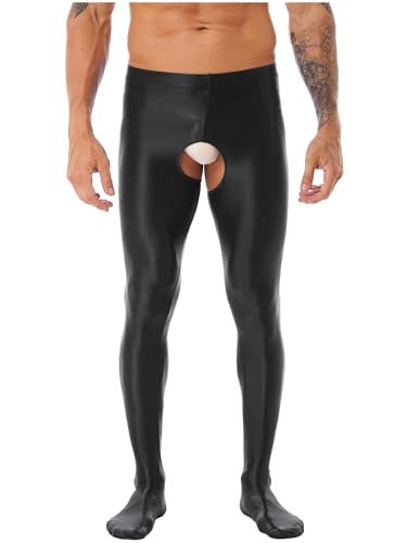 Fldy Herren Strumpfhosen Mit Offenem Schritt Öl-Glänzend Leggings Nylon Hose Tights Pantyhose Crotchless Dessous A_Schwarz L von Fldy