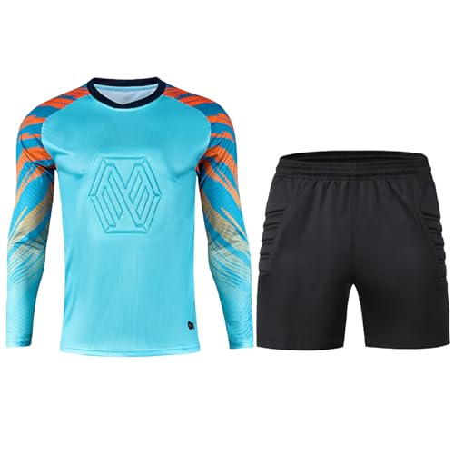 Fldy Herren Torwartset Fussball Langarm Trikot Torwart Shorts Set Auswärt-/ Heimtrikot Fußballspieler Torhüter Kleidung Set Blau S von Fldy