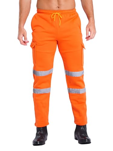 Fldy Herren Warnschutz Arbeitshose Jogginghose Mit Reflexstreifen Stretch Sport Outdoorhose Elastische Taille Orange XXL von Fldy