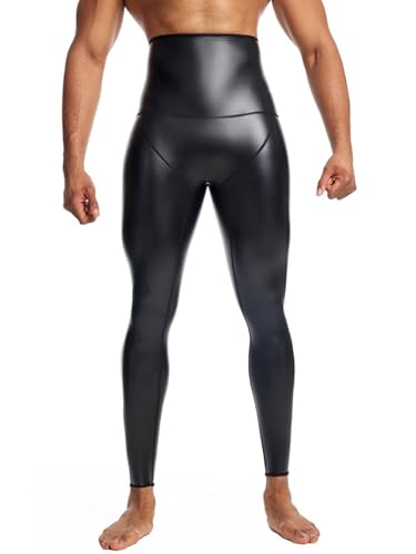 Fldy Herren Wetlook Leggings Glanz Lederimitat Hose Hohe Taille Bauchweg Body Shaper Kompression Strumpfhose Sporthose Tights Clubwear Schwarz S von Fldy