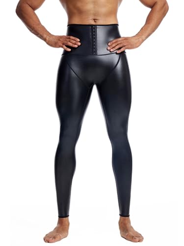 Fldy Herren Wetlook Leggings Glanz Lederimitat Hose Hohe Taille Bauchweg Body Shaper Kompression Strumpfhose Sporthose Tights Clubwear Schwarz&Korsett L von Fldy