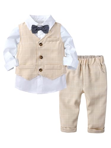 Fldy Jungen Anzug Festlich Langarm Krawatte Hemd Weste Und Lange Hose 3er Set Für Kleinkind Baby Hochzeit Taufe Party Gr. 74-104 Beige 86-92 von Fldy