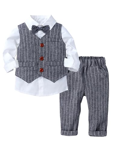 Fldy Jungen Anzug Festlich Langarm Krawatte Hemd Weste Und Lange Hose 3er Set Für Kleinkind Baby Hochzeit Taufe Party Gr. 74-104 Grau 98-104 von Fldy