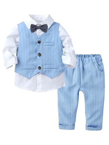 Fldy Jungen Anzug Festlich Langarm Krawatte Hemd Weste Und Lange Hose 3er Set Für Kleinkind Baby Hochzeit Taufe Party Gr. 74-104 Blau 92-98 von Fldy