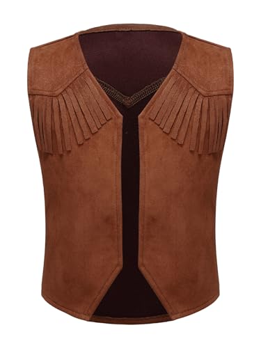Fldy Jungen Mädchen Cowboy Weste Kinder Wildleder Fransen Weste Wildwest Hippie Kleidung Halloween Karneval Party Verkleidung Braun 98-104 von Fldy