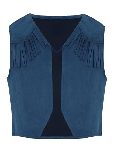 Fldy Jungen Mädchen Cowboy Weste Kinder Wildleder Fransen Weste Wildwest Hippie Kleidung Halloween Karneval Party Verkleidung Navy blau 134-140 von Fldy
