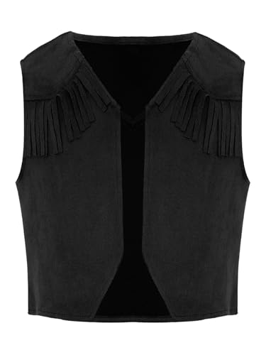 Fldy Jungen Mädchen Cowboy Weste Kinder Wildleder Fransen Weste Wildwest Hippie Kleidung Halloween Karneval Party Verkleidung Schwarz 98-104 von Fldy