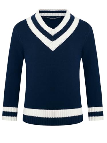 Fldy Jungen Mädchen Strickpullover V-Ausschnitt Strick Pullover Jumper Kinder Herbst Winter Warm Stricksweat Baumwolle Jersey Top Marineblau 134-140 von Fldy