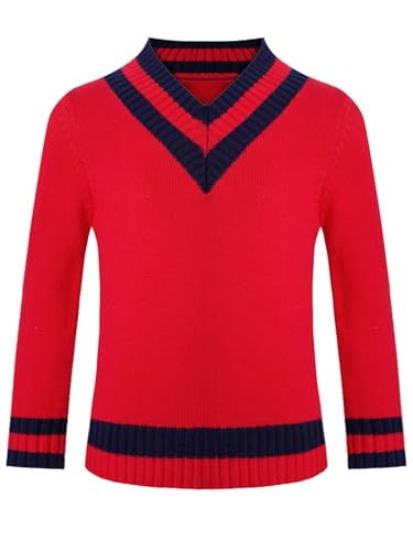 Fldy Jungen Mädchen Strickpullover V-Ausschnitt Strick Pullover Jumper Kinder Herbst Winter Warm Stricksweat Baumwolle Jersey Top Rot 146-152 von Fldy
