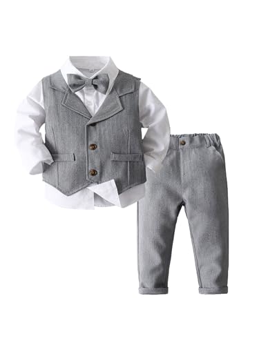Fldy Kinder Baby Jungen Anzug Gentleman Set Fliege Hemd Weste Anzughose Festliche Babykleidung 4er Set Für Taufe Hochzeit Party Grau 98-104 von Fldy