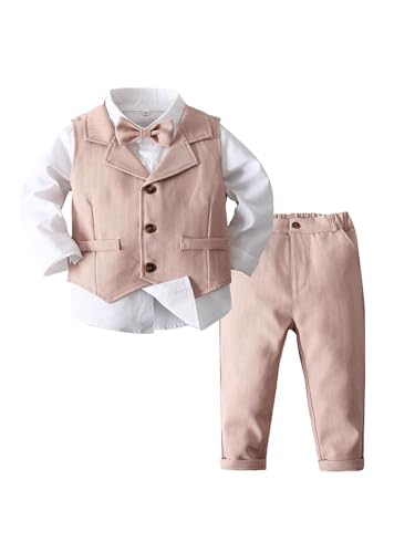 Fldy Kinder Baby Jungen Anzug Gentleman Set Fliege Hemd Weste Anzughose Festliche Babykleidung 4er Set Für Taufe Hochzeit Party Rosa 104-110 von Fldy