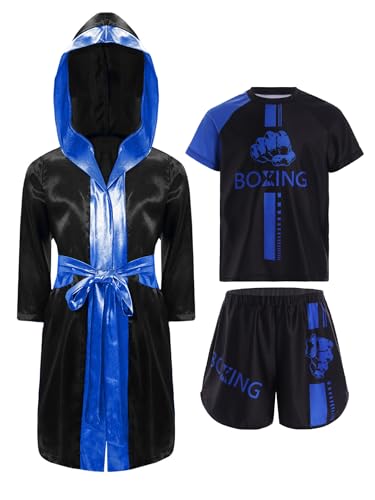Fldy Kinder Boxen Outfit Boxmantel Boxing Shorts Kurzarm Shirt 3er Set Jungen Muay Thai Boxing Kampfsport Kleidung Blau 134-140 von Fldy