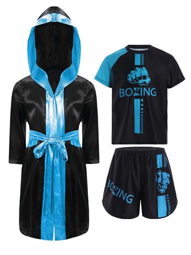 Fldy Kinder Boxen Outfit Boxmantel Boxing Shorts Kurzarm Shirt 3er Set Jungen Muay Thai Boxing Kampfsport Kleidung Himmelblau 134-140 von Fldy