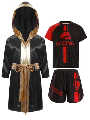 Fldy Kinder Boxen Outfit Boxmantel Boxing Shorts Kurzarm Shirt 3er Set Jungen Muay Thai Boxing Kampfsport Kleidung Schwarz&Rot 134-140 von Fldy