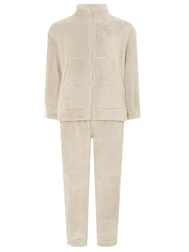 Fldy Kinder Flanell Schlafanzug Jungen Mädchen Pyjama Set Lang Zweiteilig Kuschelig Oberteil Hose Mit Reißverschluss Winter Warme Nachtwäsche Beige 158-164 von Fldy