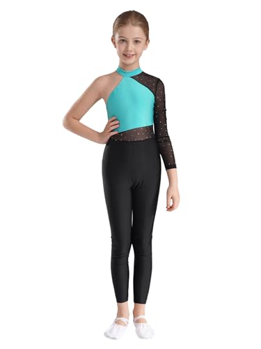 Fldy Kinder Ganzkörper Turnanzug Mädchen Ein-Langarm Gymnastikbody Glitzer Mesh Patchwork Ballett Trikot Tanz Overall Mit Strass Blaugrün 122-128 von Fldy