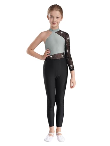 Fldy Kinder Ganzkörper Turnanzug Mädchen Ein-Langarm Gymnastikbody Glitzer Mesh Patchwork Ballett Trikot Tanz Overall Mit Strass Grau 146-152 von Fldy