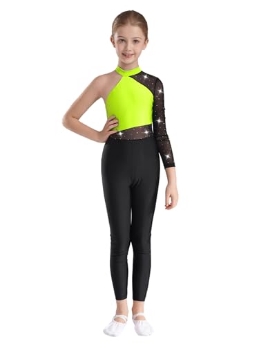 Fldy Kinder Ganzkörper Turnanzug Mädchen Ein-Langarm Gymnastikbody Glitzer Mesh Patchwork Ballett Trikot Tanz Overall Mit Strass Neongelb 146-152 von Fldy