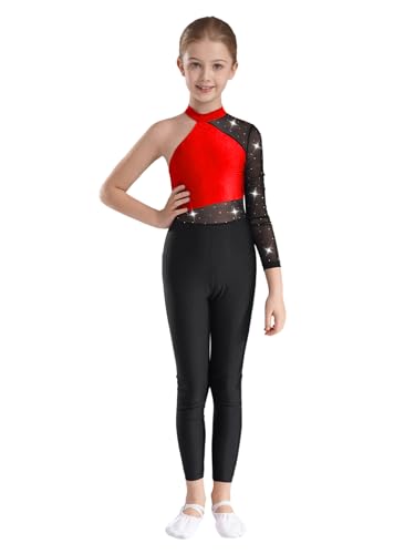Fldy Kinder Ganzkörper Turnanzug Mädchen Ein-Langarm Gymnastikbody Glitzer Mesh Patchwork Ballett Trikot Tanz Overall Mit Strass Rot 134-140 von Fldy