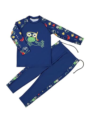 Fldy Kinder Jungen Badeanzug Rashguard Langarm Top Lange Hose Set Mit Cartoon Muster UV 50+ Kinder Surfen Strand Schwimmbekleidung Marineblau-Frosch_A 146-152 von Fldy