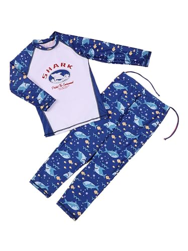 Fldy Kinder Jungen Badeanzug Rashguard Langarm Top Lange Hose Set Mit Cartoon Muster UV 50+ Kinder Surfen Strand Schwimmbekleidung Marineblau-Hai_A 146-152 von Fldy