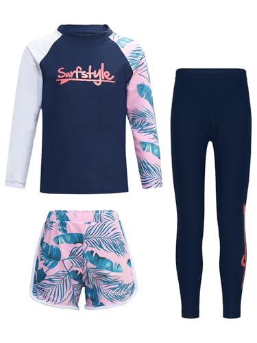 Fldy Kinder Jungen Mädchen Badeanzug UV Schutz Rash Guard Langarm Badeoberteil Badeshorts Hose Set Surfen Wassersport Schwimmbekleidung Marineblau&Rosa_A 146-152 von Fldy