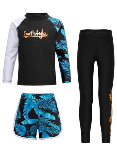Fldy Kinder Jungen Mädchen Badeanzug UV Schutz Rash Guard Langarm Badeoberteil Badeshorts Hose Set Surfen Wassersport Schwimmbekleidung Schwarz_A 104-110 von Fldy