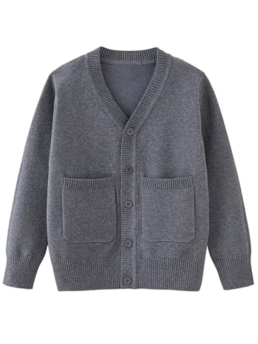 Fldy Kinder Jungen Strickjacke V-Ausschnitt Cardigan Pullover Mit Knopfleiste Und Taschen Baumwolle Gr. 104-164 Dunkelgrau 122-128 von Fldy