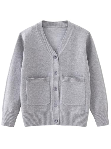Fldy Kinder Jungen Strickjacke V-Ausschnitt Cardigan Pullover Mit Knopfleiste Und Taschen Baumwolle Gr. 104-164 Grau 122-128 von Fldy
