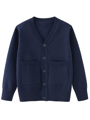 Fldy Kinder Jungen Strickjacke V-Ausschnitt Cardigan Pullover Mit Knopfleiste Und Taschen Baumwolle Gr. 104-164 Marineblau 134-140 von Fldy