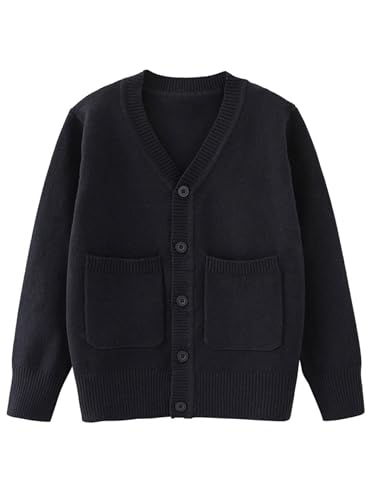 Fldy Kinder Jungen Strickjacke V-Ausschnitt Cardigan Pullover Mit Knopfleiste Und Taschen Baumwolle Gr. 104-164 Schwarz 146-152 von Fldy