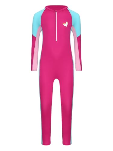 Fldy Kinder Mädchen Badeanzug Einteiler Langarm Ganzkörper Bademode Rush Guard Wasseranzug Badekleidung Zum Schwimmen Baden Surfen Strand Hotpink 158-164 von Fldy